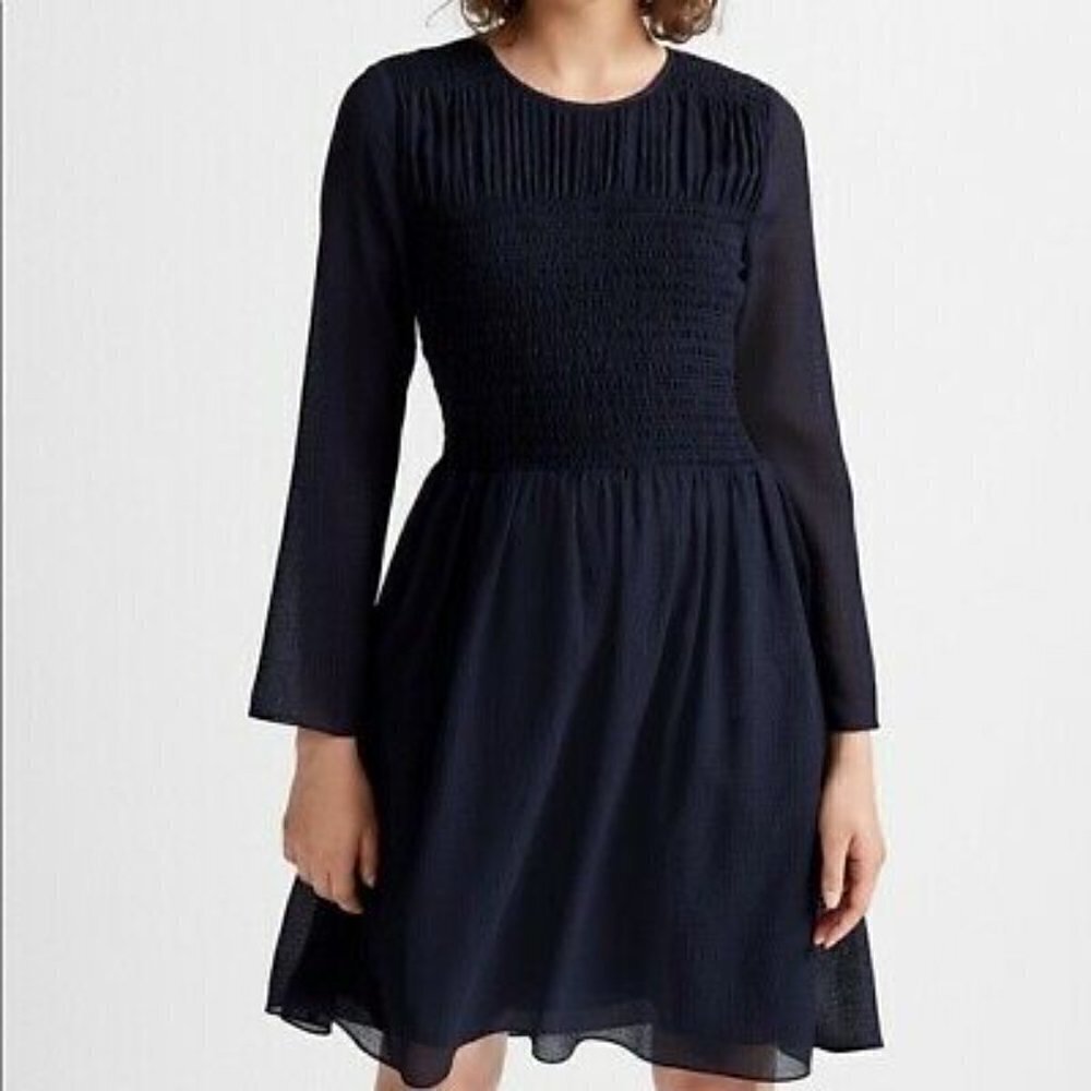 [Club Monaco] Navy Blue Chiffon Smocked Detail Long Sleeve Dress
